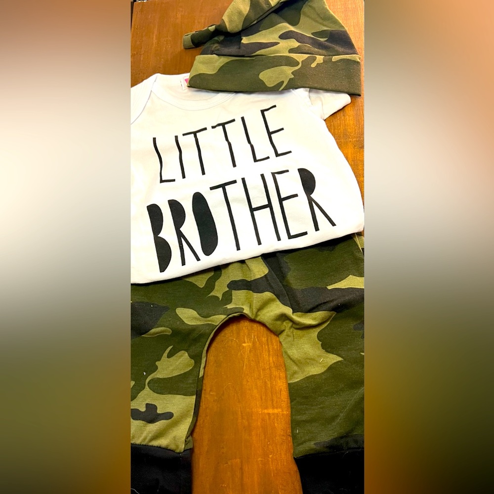 BABY BOY Little Brother Camouflage Pants Onesie Hat Outfit 0-3 Months